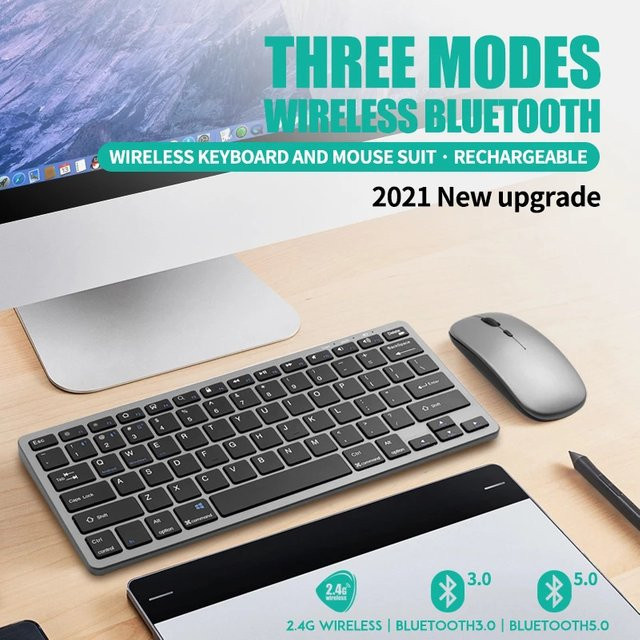 Luxuglow Bluetooth und 2,4 G Tastatur-Maus-Set mit USB-Empfänger, wiederaufladbare 78 Tasten Tastatur und optische Maus in Schwarz und Grau - Bild 1