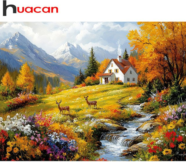 Huacan Diamantgemälde Herbstlandschaft mit Hirsch, Fluss und Blumen als Diamant-Stickerei in Multicolour, B/H: 30 x 20 cm - Bild 1