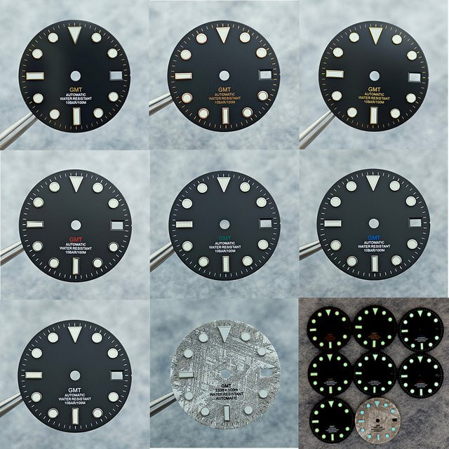 OUMASHI Zifferblatt, 28,5 mm, schwarz, blau, grün, rot, orange, GMT-Text, schwarzgold, rosafarbener Rand, für NH34-Uhrwerk, leuchtend - Bild 1