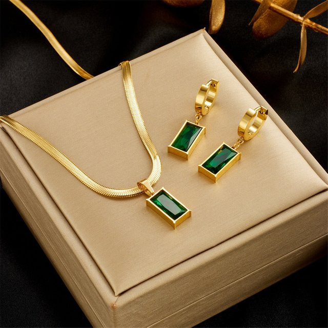 AKOL Schmuck-Set, Halskette, Ohrringe, Edelstahl, Gold, Zirkonia, Damen - Bild 1