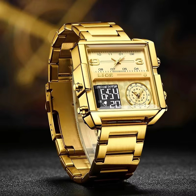 LIGE Armbanduhr, Quarz, Gold, Edelstahl, Eckig, Herren - Bild 4