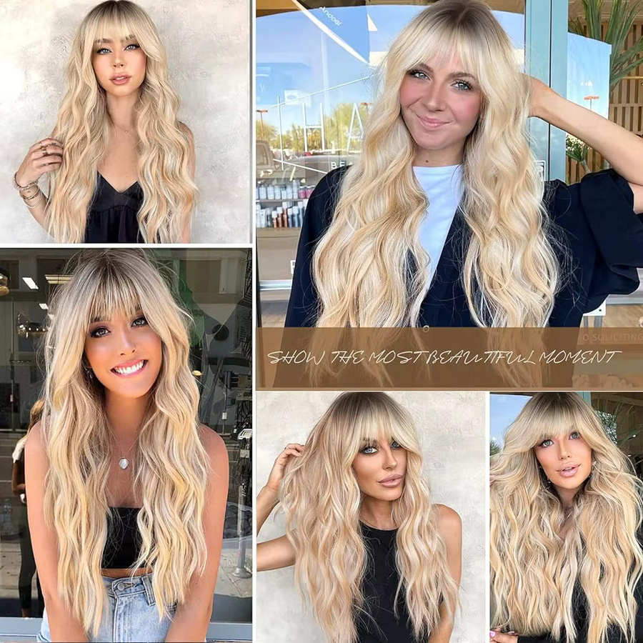 EASIHAIR Synthetik-Perücke, lange blonde Ombre-Braun-Perücke, wassergewellt, mit Pony, Damen - Bild 4