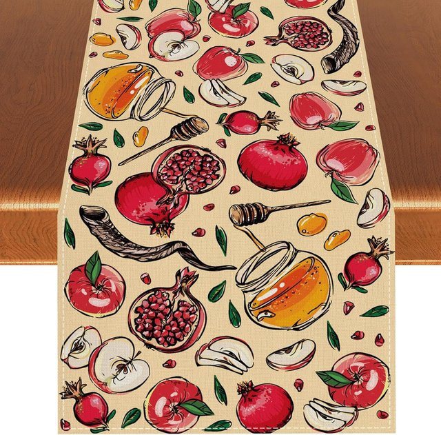 JMG Household Supplies Leinen Tischläufer Rosh Hashanah Shana Tova Beige, B/H: 33 x 150 cm - Bild 1
