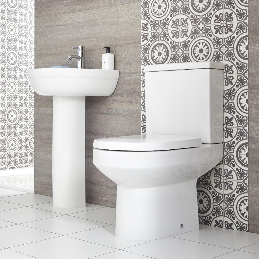 Hudson Reed Säulenwaschtisch und WC mit aufgesetztem Spülkasten Covelly, Keramik, Weiß, B/T/H: 82,0 x 65,0 x 37,0 cm - Bild 1