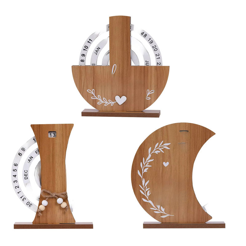 Ewiger Kalender aus Holz in Braun mit rotierendem Plattenspieler-Design für Büro und Schreibtisch - Bild 3