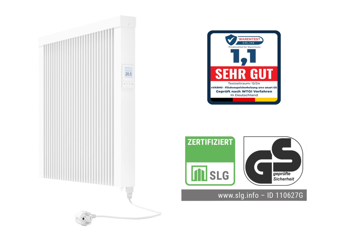 eVARMO areo smart GS Elektroheizung Flächenspeicherheizung mit digitalem LCD-Thermostat, 1200 Watt, Weiß - Bild 1