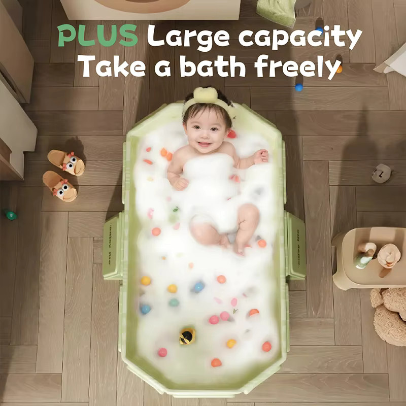 Faltbare Baby-Badewanne aus grünem PVC mit rutschfestem Boden und Tragegriff für Säuglinge und Kleinkinder - Bild 2