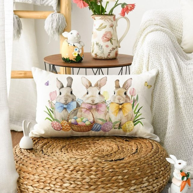 VIKAMA Kissenbezug mit Osterhasen- und Eierblumen-Motiv, rechteckig, mehrfarbig, Breite: 30 cm - Bild 1