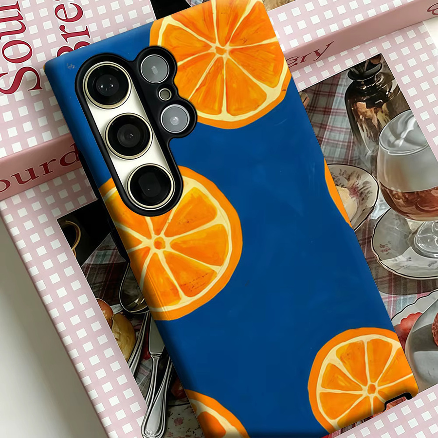 Stoßfeste Doppelschicht Handyhülle mit Königsblau-Orange-Scheiben-Print für Samsung Galaxy S25 Ultra, S24 und S23 Ultra Plus - Bild 4