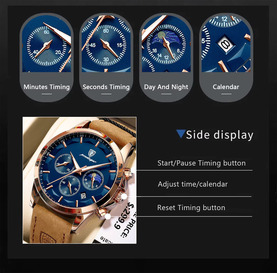 POEDAGAR Chronograph, Quarz, Leder, Blau, Herren - Bild 6