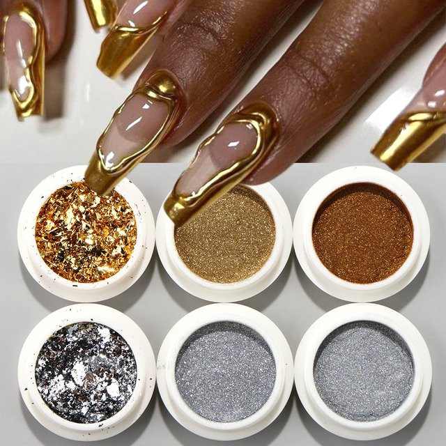 Full Beauty Nagelpulver Metallic, Chrom Gold Silber, 6 Stück - Bild 1