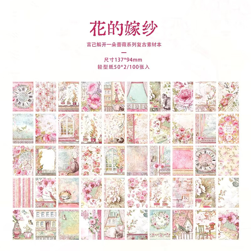 100 Stück Scrapbooking Bastelpapier mit rosa englischem Blumenmuster für Fotorahmen-Hintergründe, Mehrfarbig - Bild 3