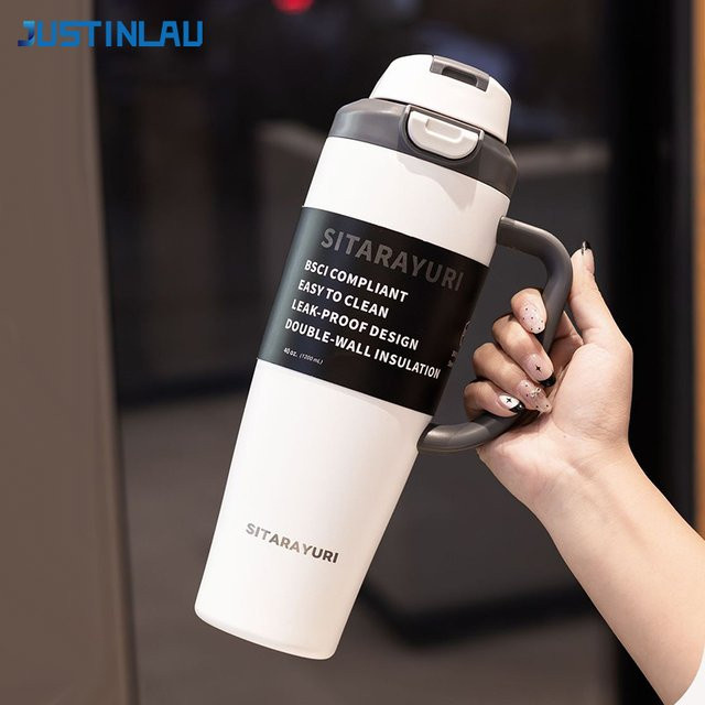 JUSTINLAU Isolierter Edelstahl Thermosbecher mit Strohhalm und Griff, 1,2 l, Schwarz oder Weiß - Bild 1