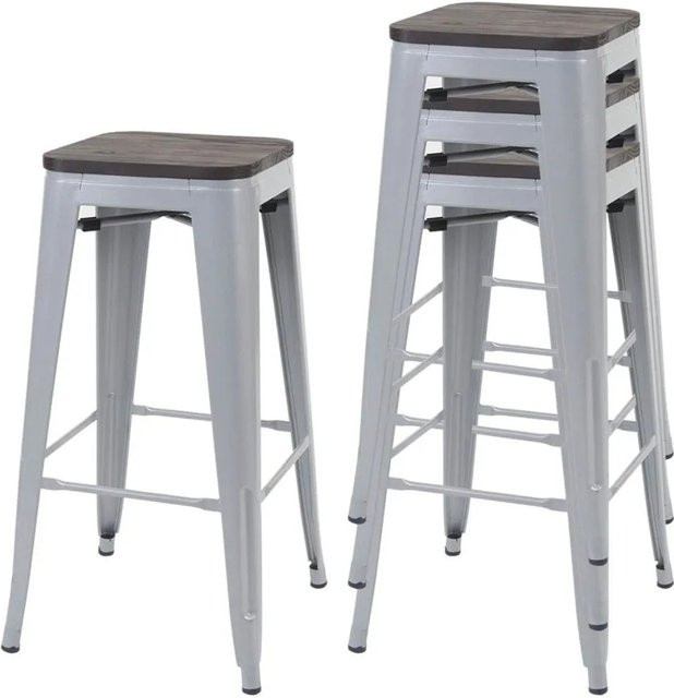4er-Set MCW Barhocker A73 in Grau mit Holz-Sitzfläche und Metallgestell im Industriedesign, stapelbar, B/T/H: 42 x 42 x 76 cm - Bild 1