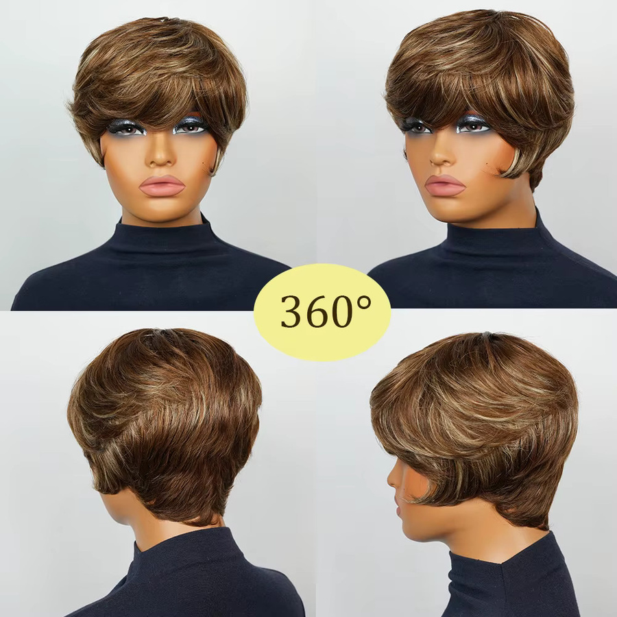 OYM HAIR Pixie-Perücke, echtes Menschenhaar, braun, Damen - Bild 3