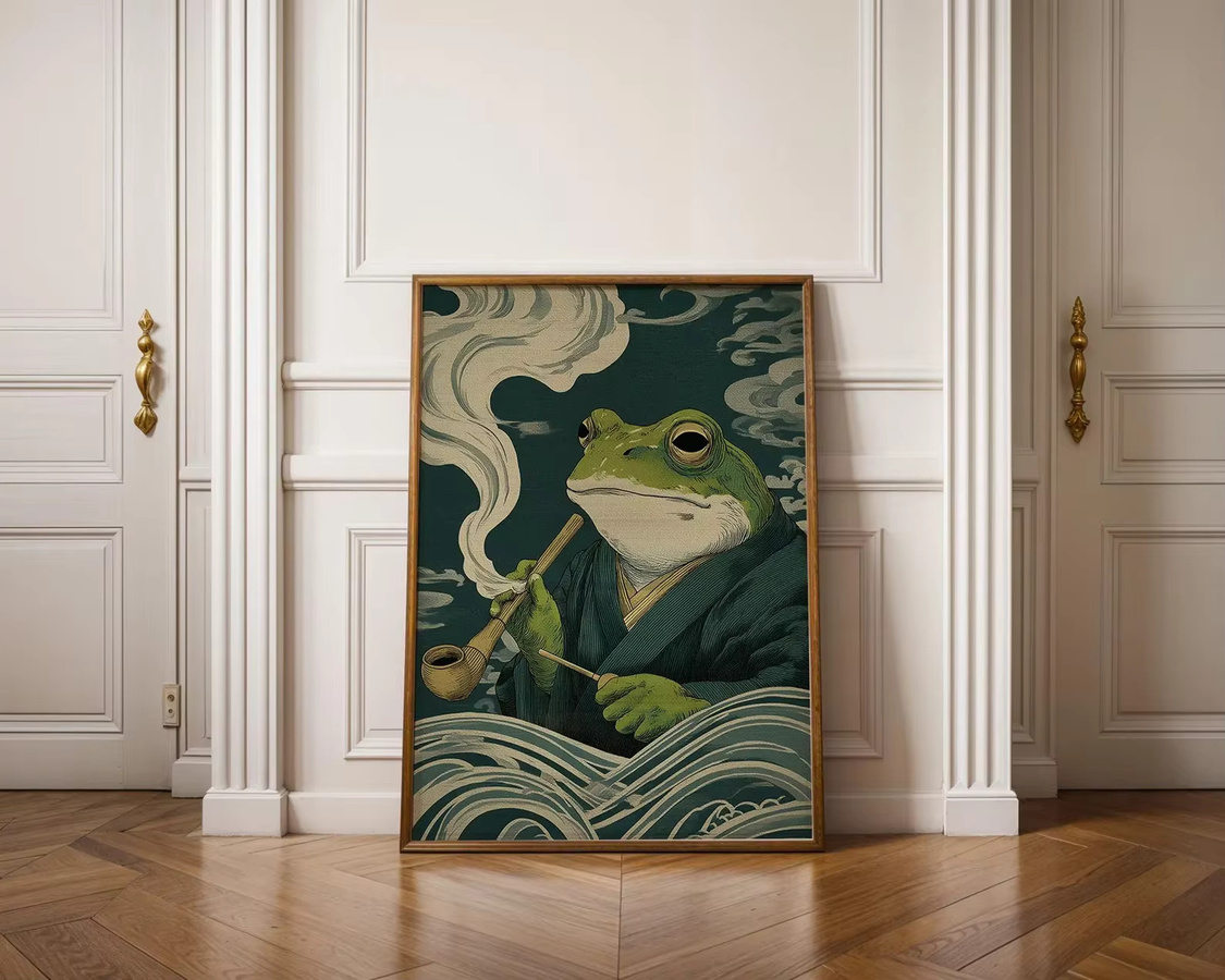 Vintage Japanisches Frosch-Poster von SHENCHEN als skurriler Wanddruck mit rauchendem Frosch in Mehrfarben - Bild 5