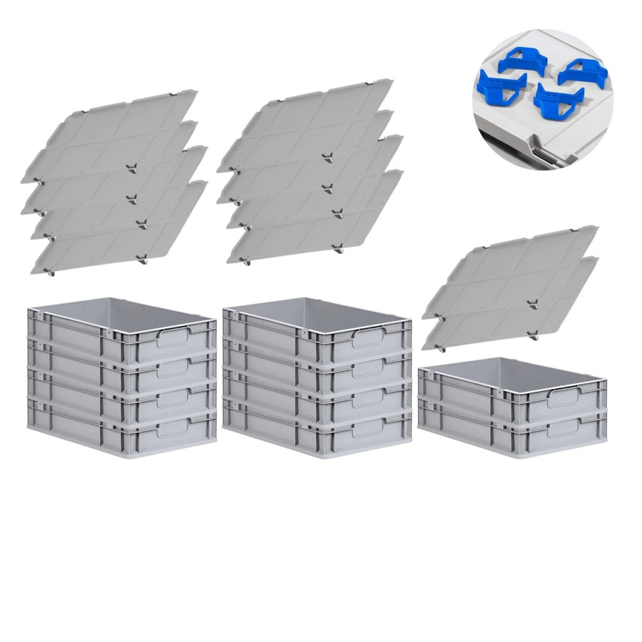 PROREGAL Spar Set mit 10x Eurobox Nextgen Economy in Blau und Grau inklusive Auflagedeckel und 4x Schiebeschnappverschlüssen, H x B x T: 12 x 40 x 60 cm, 23 Liter - Bild 2