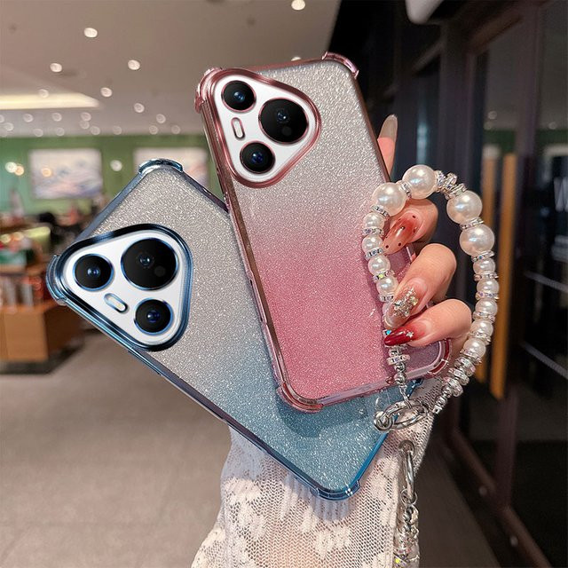 Stoßfeste TPU-Handyhülle mit Gradient Glitter und luxuriösem Perlenketten-Handschlaufenband für Huawei Pura 70 Pro Plus 70 Ultra in Pink - Bild 1