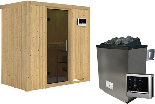 Karibu Sauna Pärnu aus Fichtenholz in Beige mit 9 kW Saunaofen und externer Steuerung für 2 Personen, B/T/H: 198 x 118 x 196 cm - Bild 1