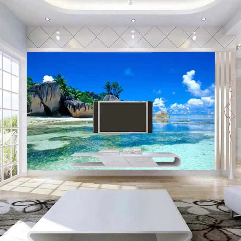 Personalisierbare 3D Vlies Tapete mit Ozean und Strand Motiv in Blau für dein Wohnzimmer oder Schlafzimmer - Bild 4