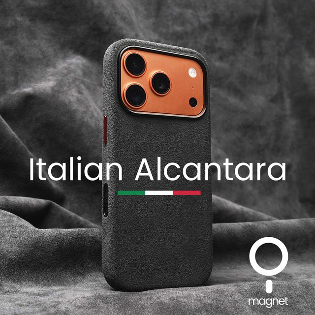Luxuriöse magnetische Alcantara Handyhülle für iPhone 17 16 Pro Max 15 14 mit Kameraknopf-Abdeckung in Orange - Bild 1