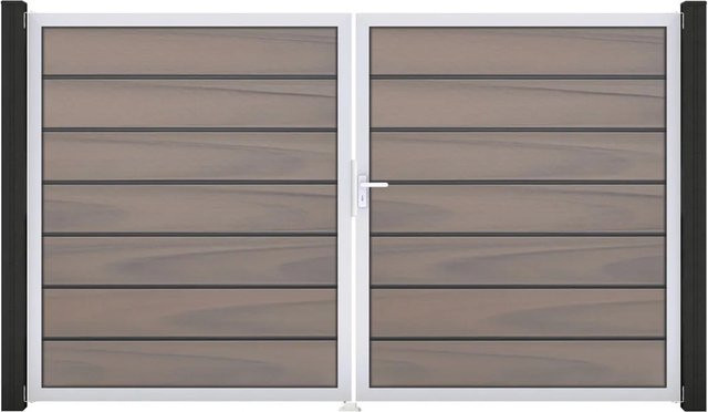 GroJa Grande Steckzaun Tor Premium DIN Links EV1 2-flügelig Bi-Color Sand/Multicolor aus Aluminium und BPC - Bild 1