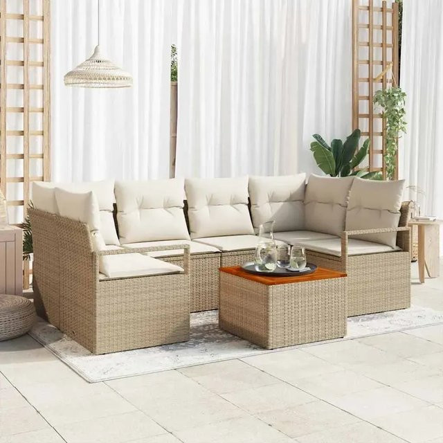 vidaXL Garten-Sofa-Set aus Poly Rattan in Beige mit 7 Teilen und Kissen - Bild 1