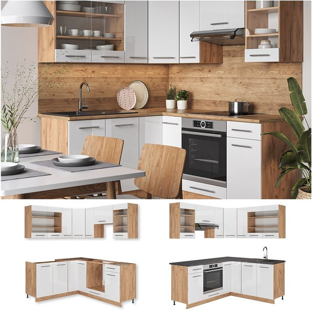 Vicco Eckküche Fame-Line Küchenzeile in Weiß und Eiche mit Hochglanz-Finish, Breite: 190 cm - Bild 1
