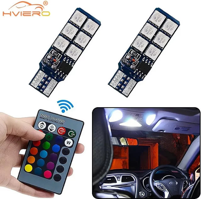 HVIERO 2 Stück T10 W5W RGB LED-Birnen mit Fernbedienung, 5050 12SMD 12V Auto-Innenbeleuchtung in Multicolour zur Auto-Dekoration - Bild 1