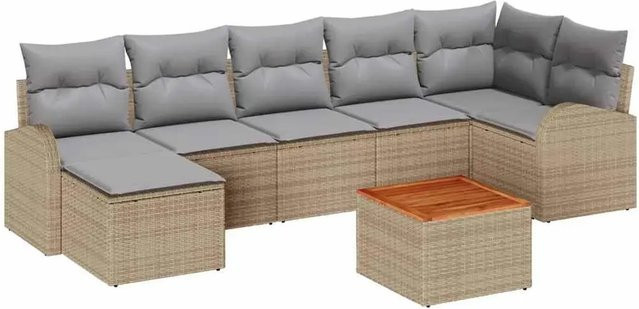 vidaXL Garten-Sofa-Set 8-teilig in Beige und Hellgrau mit L-Form, Polster-Gartenmöbel aus Polyrattan und Akazienholz mit Stauraum und Tisch - Bild 1
