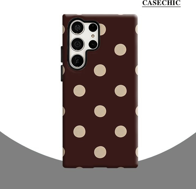 Stoßfeste Doppelschicht Handyhülle für Samsung Galaxy S26 S25 S24 S23 Ultra Plus in Braun mit beige gepunktetem Design - Bild 1