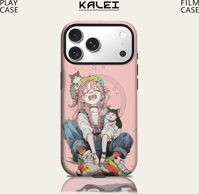 Potdemiel Handyhülle mit Rosahaarigem Mädchen & Katze für iPhone 17 16 15 14 13 Pro Max Plus, Magnetische Robuste Einzel- und Doppelschicht Hülle, Pink - Bild 1