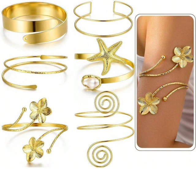 AY Armreifen-Set 6-teilig, Boho Blumen-Seestern, Gold, Damen - Bild 1