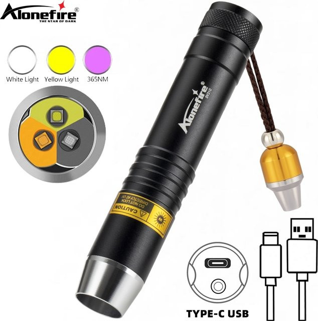 Alonefire 3-in-1 UV-LED-Taschenlampe mit 365 nm Wellenlänge, USB wiederaufladbar, Weiß und Gelb, zur Untersuchung von Schmuck, Jade, Haustierflecken und Erz - Bild 1