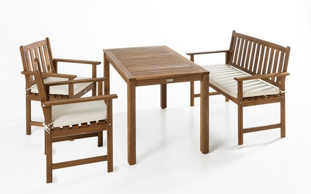 Prestige Home Garten Dining Set aus Akazienholz in Braun mit weißen Kissen, Tisch mit Bank und 2 Stühlen, B: 125 cm, T: 75 cm, H: 75 cm - Bild 1