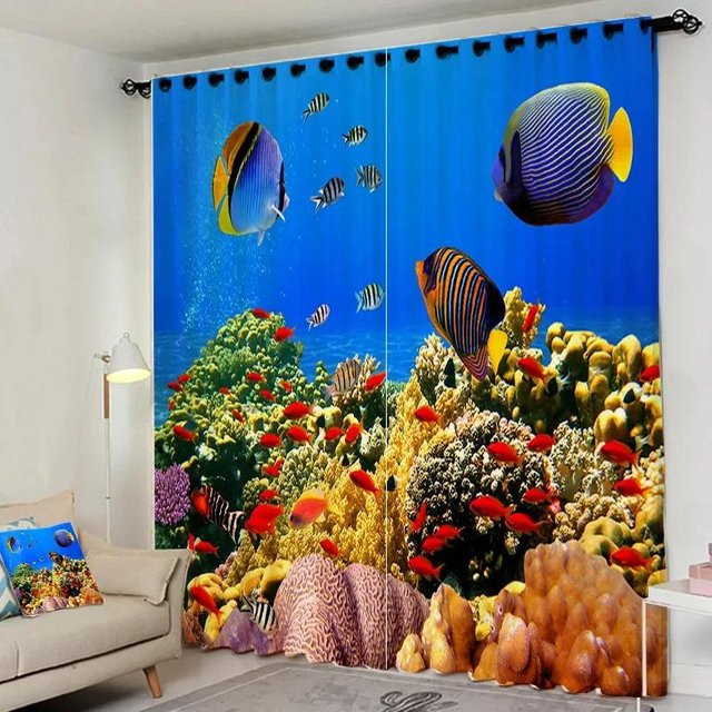 Moderne Verdunkelungsvorhänge mit Meerblick-Naturlandschaft in Blau, B: 55 cm, H: 120 cm - Bild 1