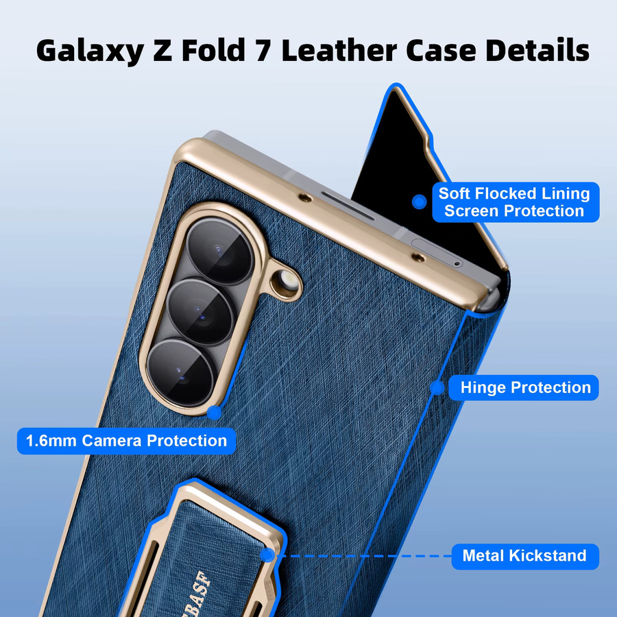 Eary Dual Grip Lederhülle für Samsung Galaxy Z Fold 7 mit Handschlaufe und 360 Grad drehbarem Ständer in Blau oder Silber - Bild 4
