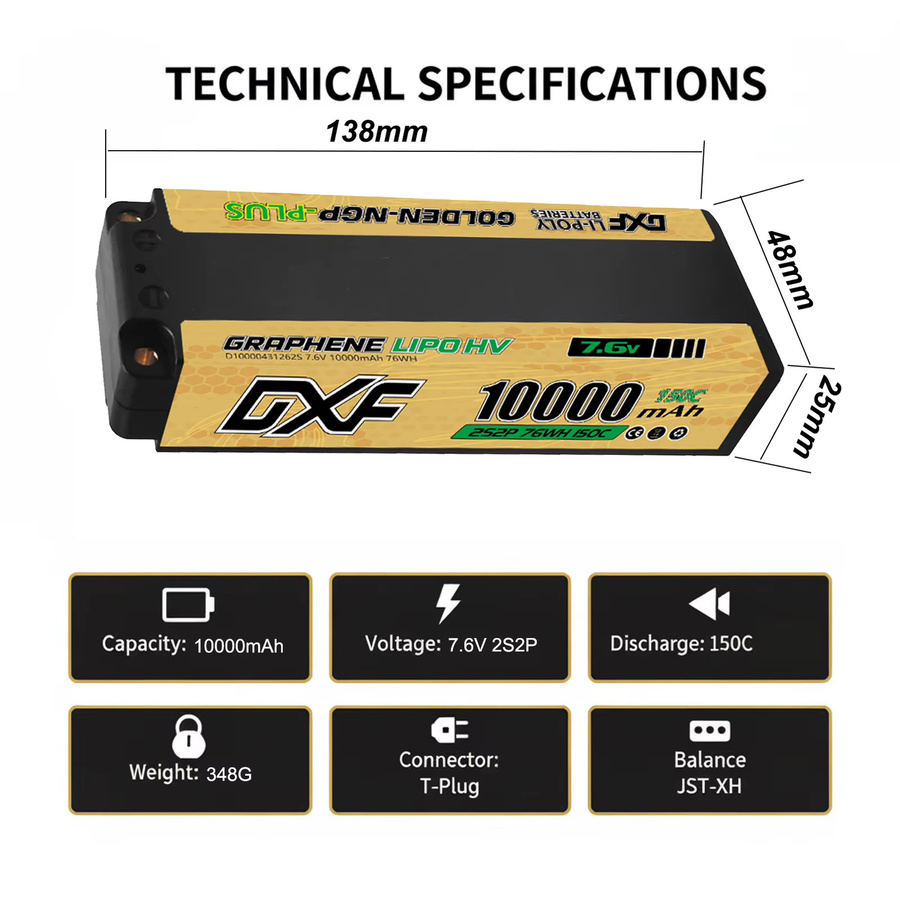 DXF 2S Lipo Akku NGP Plus, 10000mAh, 7,6V, 150C, 5mm T-Stecker, Hardcase - Bild 3