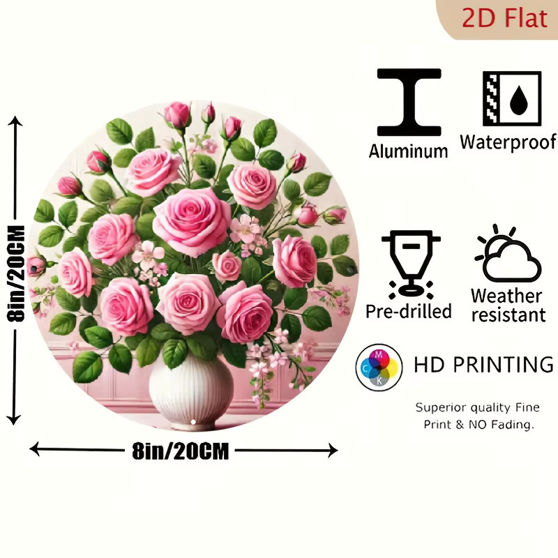 Potdemiel Elegante florale Metall-Wanddekoration in Form eines runden rosa Rosenstraußes, Farbe: Rosa und Grün, Durchmesser: 20,32 cm - Bild 3