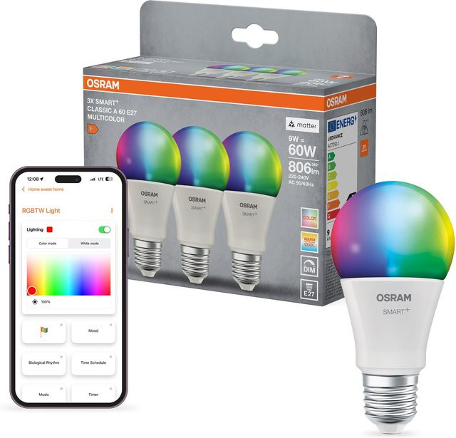 OSRAM LEDVANCE SMART+ MATTER LED-Lampe Multicolor, E27, 9 W, 806 lm, dimmbar, White und RGB, kompatibel mit Apple HomeKit, Google Assistant und Amazon Alexa - Bild 1