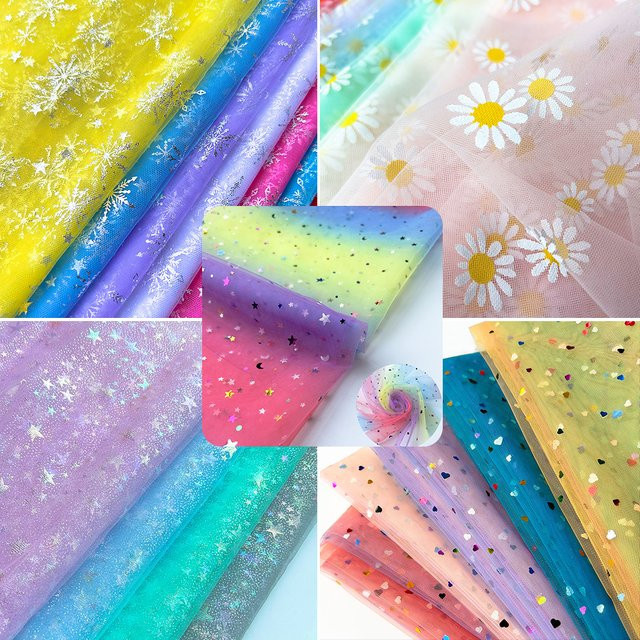 Tüllstoff mit Gänseblümchen, Blumen, Sternen, Herzen und Schneeflocken in Gelb und Multicolour für DIY-Festkleider und Partydekorationen, Breite: 90 cm, Länge: 150 cm - Bild 1