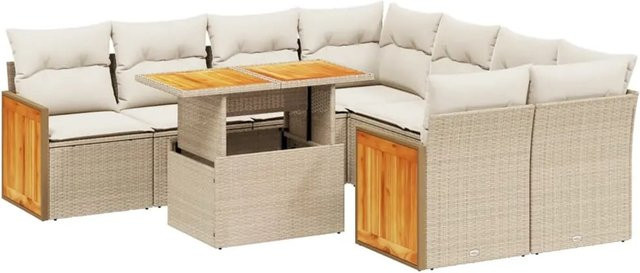 vidaXL 9-tlg Garten-Sofagarnitur in U-Form aus Polyrattan und Akazienholz mit Kissen in Beige/Cremeweiß - Bild 1