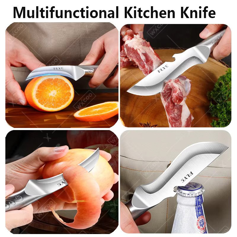 WXCOO 2-in-1 Multifunktionales Küchenmesser aus Edelstahl in Silber mit integriertem Flaschenöffner für Obst und Melonen - Bild 3