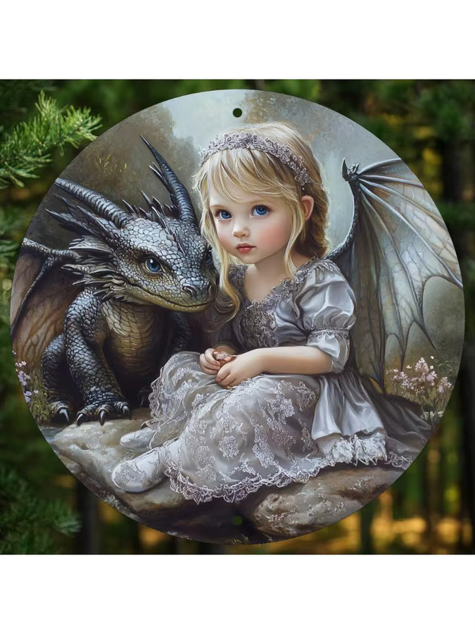 Rundes Aluminiumschild Potdemiel Fantasy Dragon and Girl Vintage Metallwandkunst Multicolour Durchmesser: 20,3 cm - Bild 6