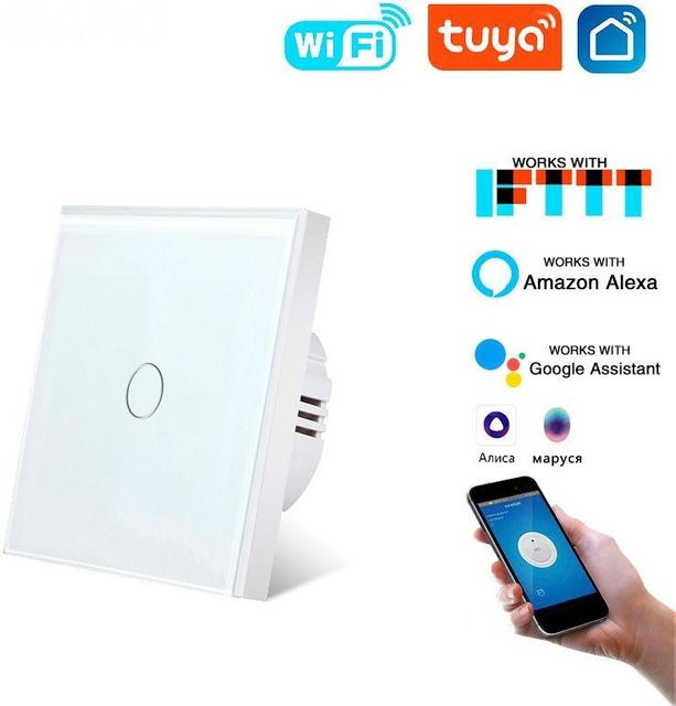 Tuya WiFi Smart Touch Schalter UBARO mit Glaspanel in Weiß, EU-Standard Lichtschalter mit App- und Sprachsteuerung für Alexa und Google Assistant, Neutralleiter erforderlich - Bild 1