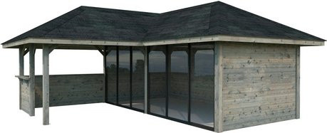 PALMAKO Pavillon Bianca Set 222 Slide aus Fichtenholz in Grau mit Alu-Schiebetüren und Eck-Tresenanlage, B/H/T: 588 x 319 x 588 cm - Bild 1
