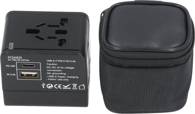 OutsideWorld Universeller Reise-Netzadapter mit USB-A und USB-C Anschlüssen, Sicherheits-Stromwandler für Handy und Laptop, schwarz - Bild 1