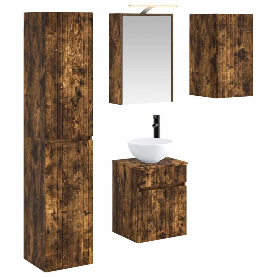 vidaXL Badezimmerschrank-Set 5-teilig aus geräuchertem Eichenholz in Braun mit LED-Beleuchtung und Spiegelschrank, B/T/H: 43 x 16 x 62,5 cm - Bild 2