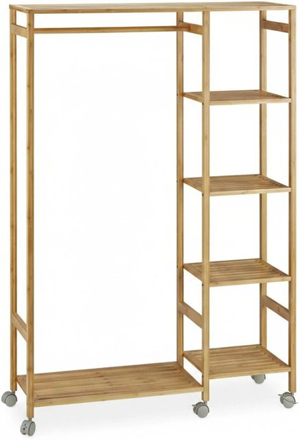Relaxdays Rollgarderobe aus Bambus in Natur und Grau mit Rollen, H x B x T: 136,5 x 92 x 30 cm - Bild 1