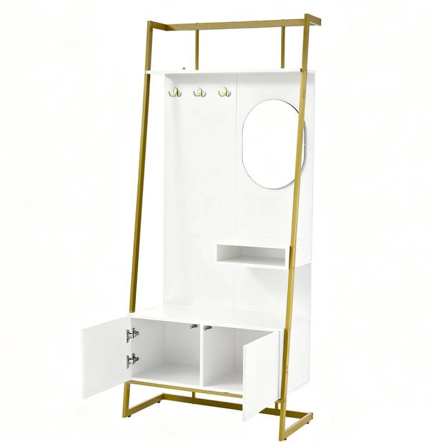 okwish Garderoben Set mit Spiegel und Sitzbank in Weiß, B/T/H: 78,0 x 38,5 x 180,5 cm - Bild 1